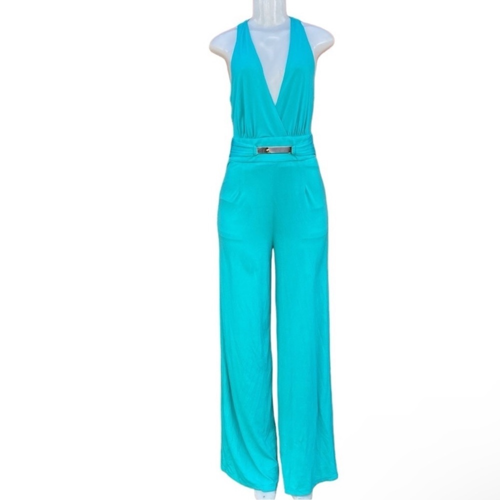 Lovposh Elegant Blue Jumpsuit with Belt Plunging V-Neckline Size L
